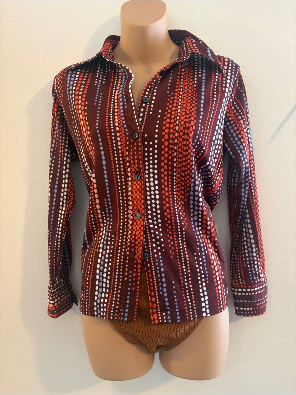 Womens Burgundy Red Dot-Stripe Button Front Blouse ✨Vintage✨